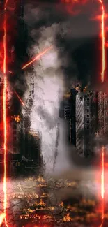 Apocalyptic cityscape with dark skies and fiery streets.