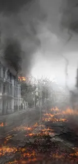 Apocalyptic cityscape with flames and smoke engulfs the street in the background.