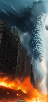 Apocalyptic cityscape with storm, lightning, and fire.