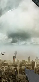 Apocalyptic cityscape with meteors and helicopters over skyscrapers.