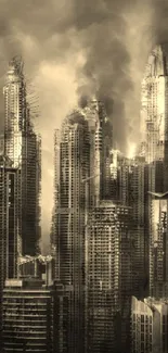 Apocalyptic cityscape with smoky skyscrapers in sepia tones.