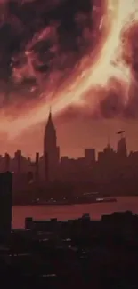 Dark red apocalyptic cityscape with fiery clouds.