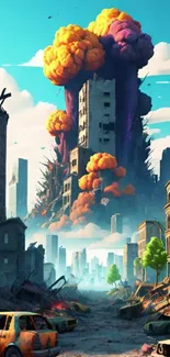Apocalyptic cityscape with explosion clouds