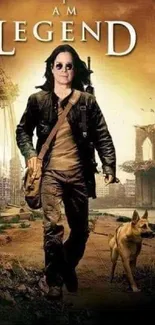 Apocalyptic hero walking in a desolate city with a dog.