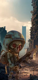 Skeleton soldier in apocalyptic cityscape mobile wallpaper.