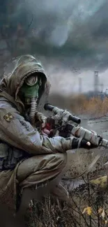 Man in gas mask with sniper in dark, apocalyptic setting.