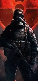 Post-apocalyptic soldier standing before a glowing nuclear symbol.