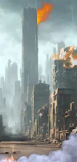 Apocalyptic city with fire and smoke in a desolate urban landscape.