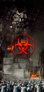 Apocalyptic scene with biohazard symbol and zombies in dark cityscape.