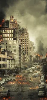 Fiery cityscape with burning buildings and smoke engulfing the urban skyline.