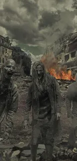A haunting cityscape with zombies under a dark, cloudy sky.