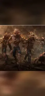 Zombie horde in apocalyptic setting with dark, eerie atmosphere.