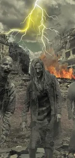 Zombie apocalypse scene with lightning and urban ruins.