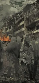 Apocalyptic scene with zombies in ruins and smoke-filled skies.