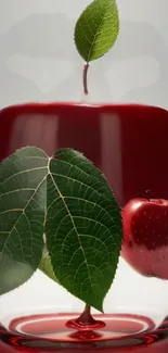 Artistic wallpaper featuring a red apple and green leaves.