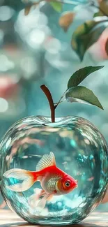 Goldfish inside apple-shaped glass orb with leaves.