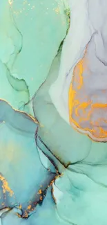 Aqua and gold abstract fluid marble wallpaper.