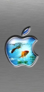 Apple logo with aquarium design on gray background.