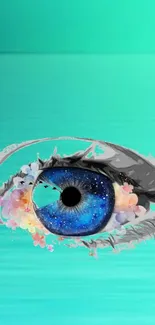 A surreal eye with cosmic colors on an aqua background.