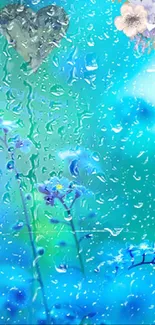 Aqua floral wallpaper with raindrops and delicate flowers.