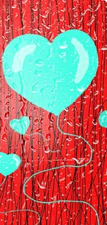 Aqua heart balloons on a red artistic background.