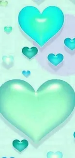 Vibrant aqua hearts on mobile wallpaper background.