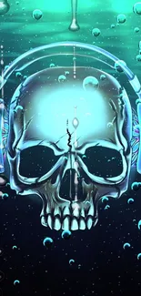 Surreal aqua skull with headphones underwater.