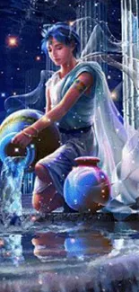 Aquarius-themed art wallpaper with water bearer in cosmic setting.