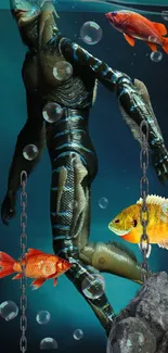 Underwater humanoid with colorful fish and chains in fantasy art.