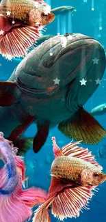 Aquatic wallpaper with colorful fish and stars underwater.