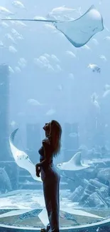 Silhouetted figure in an aquarium with stingrays.