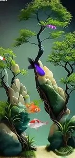 Fantasy aquatic wallpaper with fish and foliage art design.