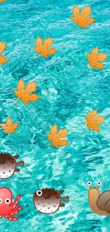 Aquatic-themed wallpaper with fish, snail, octopus, and falling leaves.