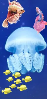 Vibrant blue wallpaper with jellyfish and colorful fish.