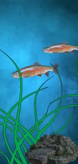 Mobile wallpaper with fish and aquatic plants against a blue background.