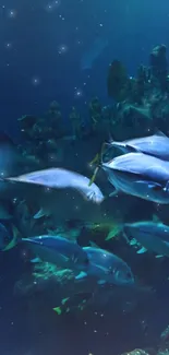 Fish swimming in a deep blue ocean with corals.