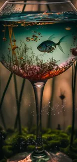 Surreal aquatic-themed wallpaper featuring a fish in a wine glass.