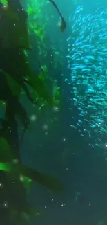 Underwater scene with fish and sea plants in a blue aquatic theme.