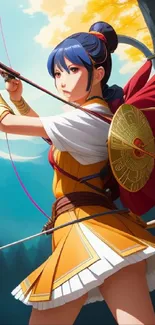 Anime archer in dynamic pose with vibrant fantasy background.