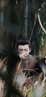 Man aiming an arrow in a bamboo forest setting.