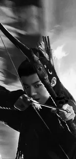 Black and white image of an archer aiming an arrow.