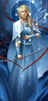 Mystical archeress in ethereal blue holds a bow in a digital fantasy artwork.