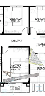 Modern house floor plan with spacious bedroom and terrace.