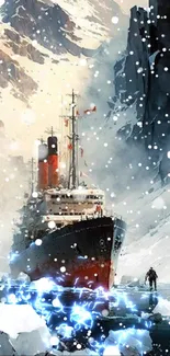 Ship navigating icy waters with snowy peaks.