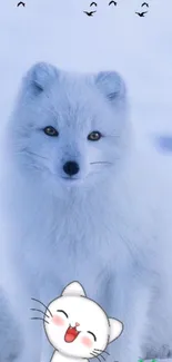 Mobile wallpaper with Arctic fox and cute cartoon cat.