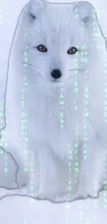 Arctic fox with digital code overlay on a snowy background.