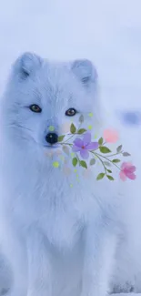 Arctic fox with floral design on a light blue background.