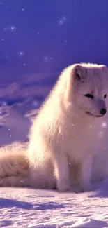 Arctic fox sits on purple snow in serene landscape.