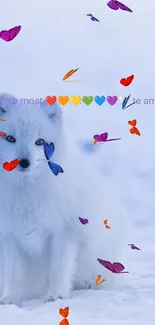 Arctic fox sitting against a snowy backdrop.