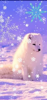 Mobile wallpaper of an arctic fox on snowy terrain with a purple sky.